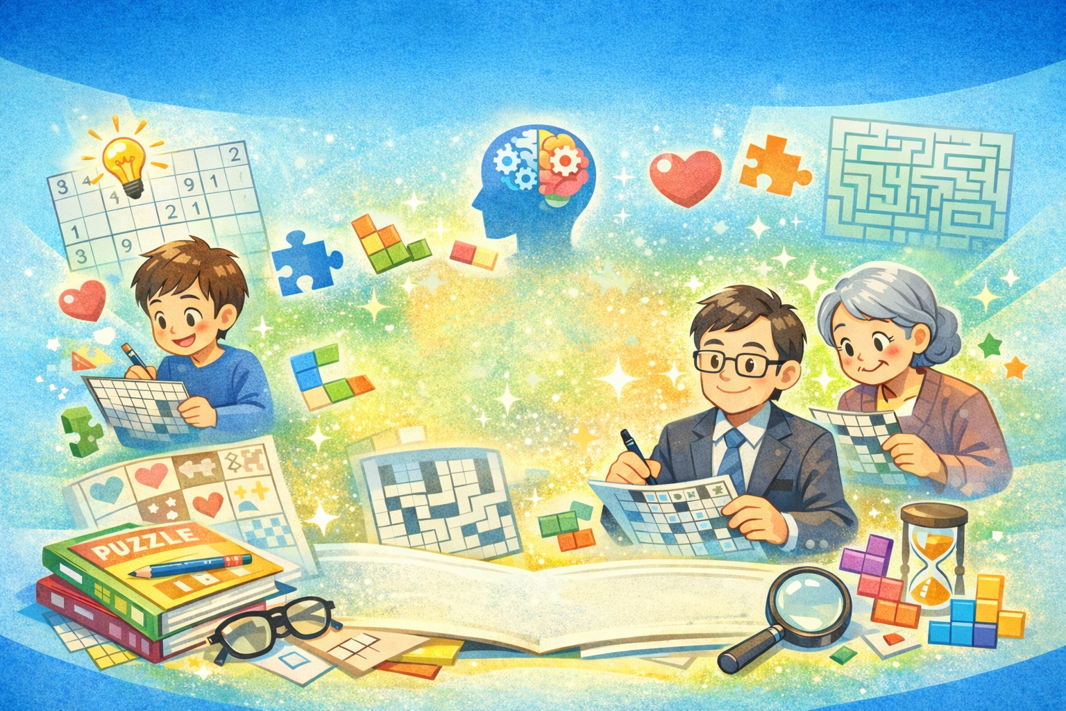 いろんなパズル少年ビジネスパーソンおばあちゃん